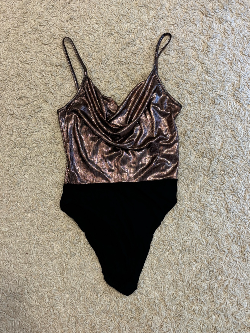 PrettyLittleThing Metallic Rose Gold & Black Cowl Neck Bodysuit